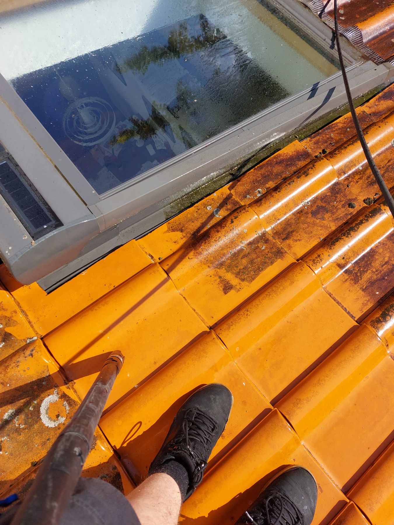 Reinigung eines Dachfensters auf dem Dach