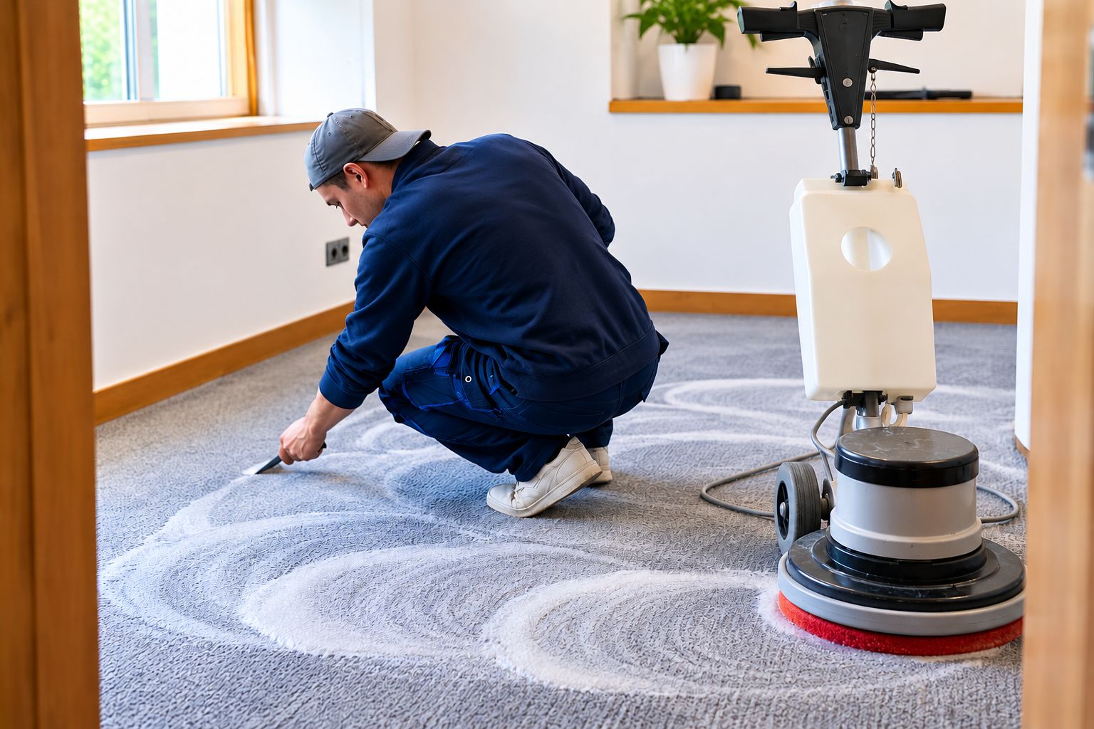 Mitarbeiter reinigt einen Teppichboden mit Einscheibenmaschine und Garnpad