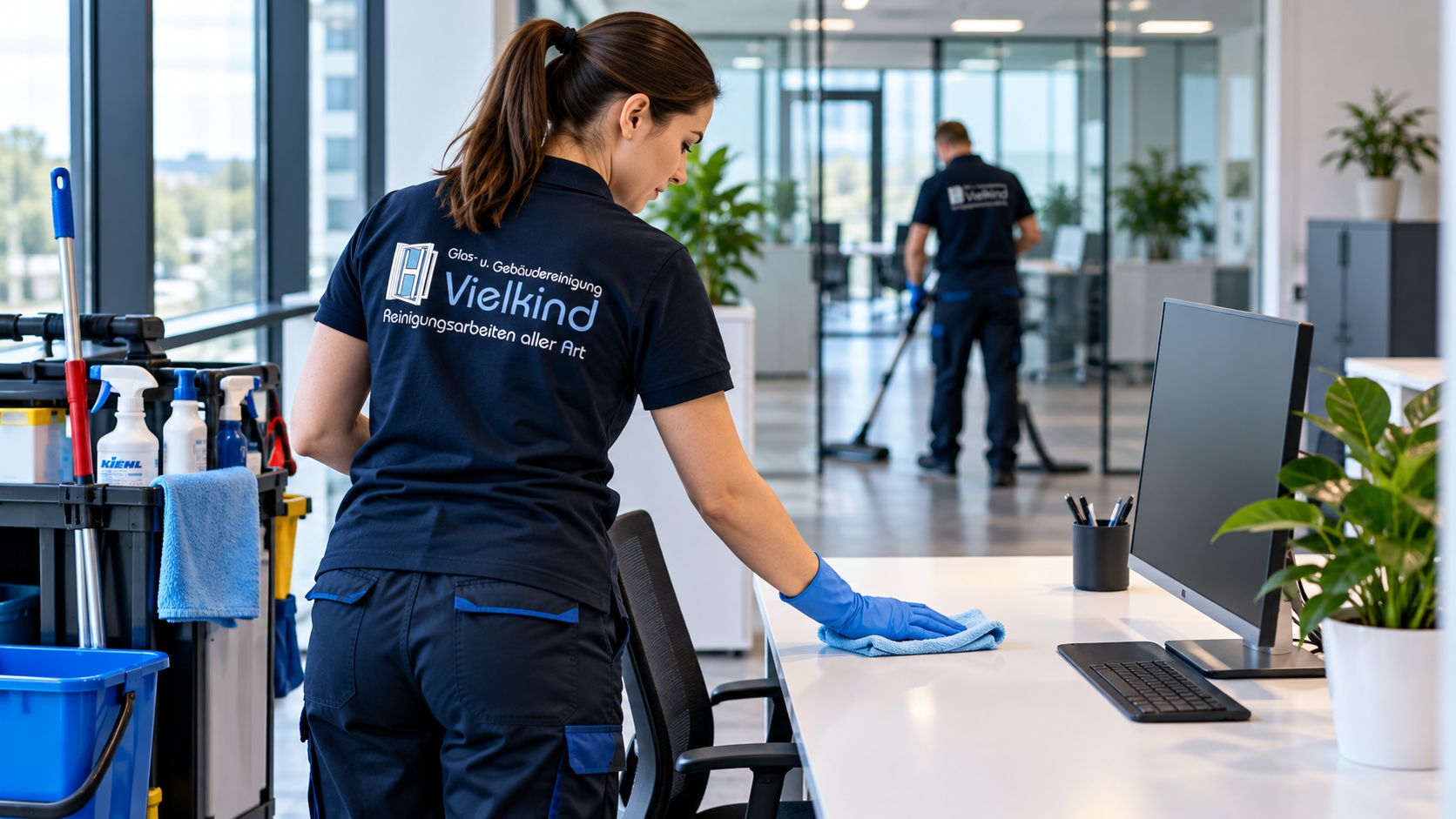 Mitarbeiterin reinigt einen Schreibtisch in einem Großraumbüro